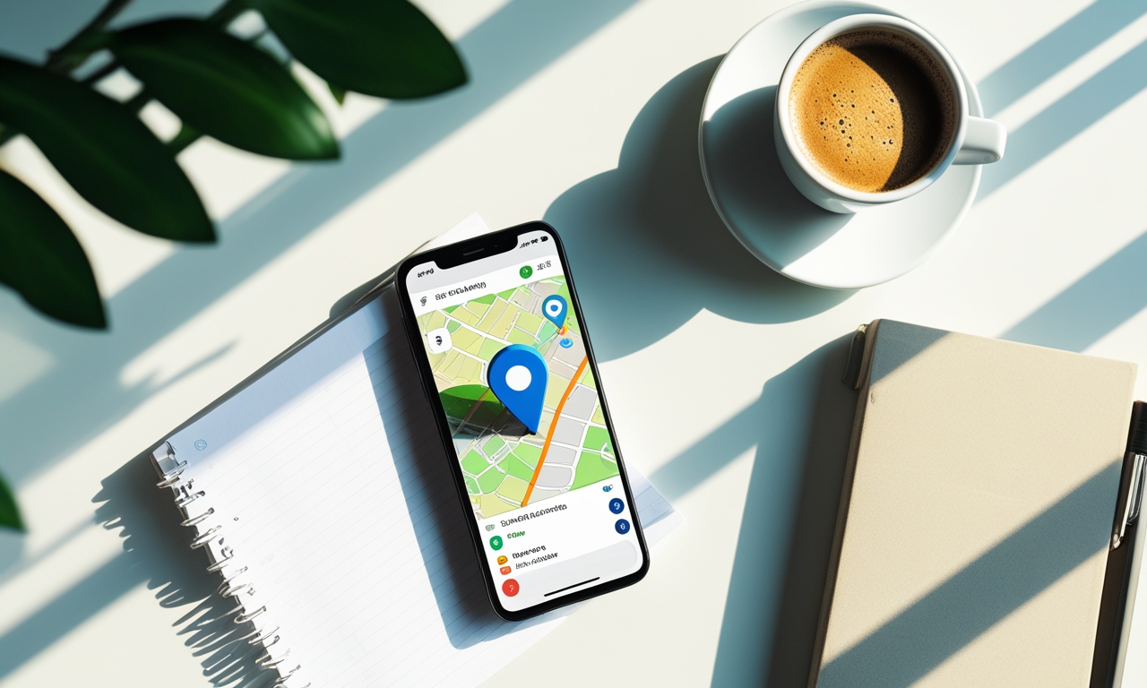 Smartphone showing a GPS location tracker app on a desk with coffee and notebook