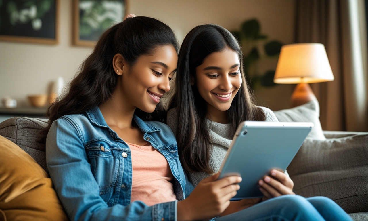 Mother and daughter looking at a tablet together on a couch, representing trust-based parental monitoring